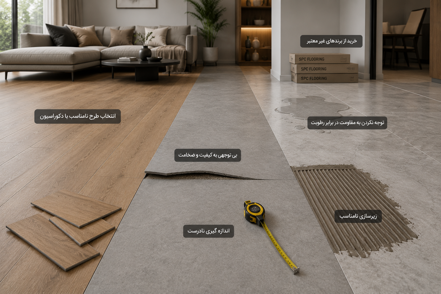 اشتباهات رایج هنگام انتخاب طرح کفپوش SPC مانند ناهماهنگی با دکوراسیون، انتخاب رنگ نامناسب و بی‌توجهی به نور محیط