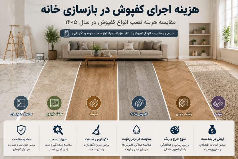 هزینه اجرای کفپوش در بازسازی خانه و مقایسه انواع کفپوش برای پروژه‌های بازسازی در سال ۱۴۰۵
