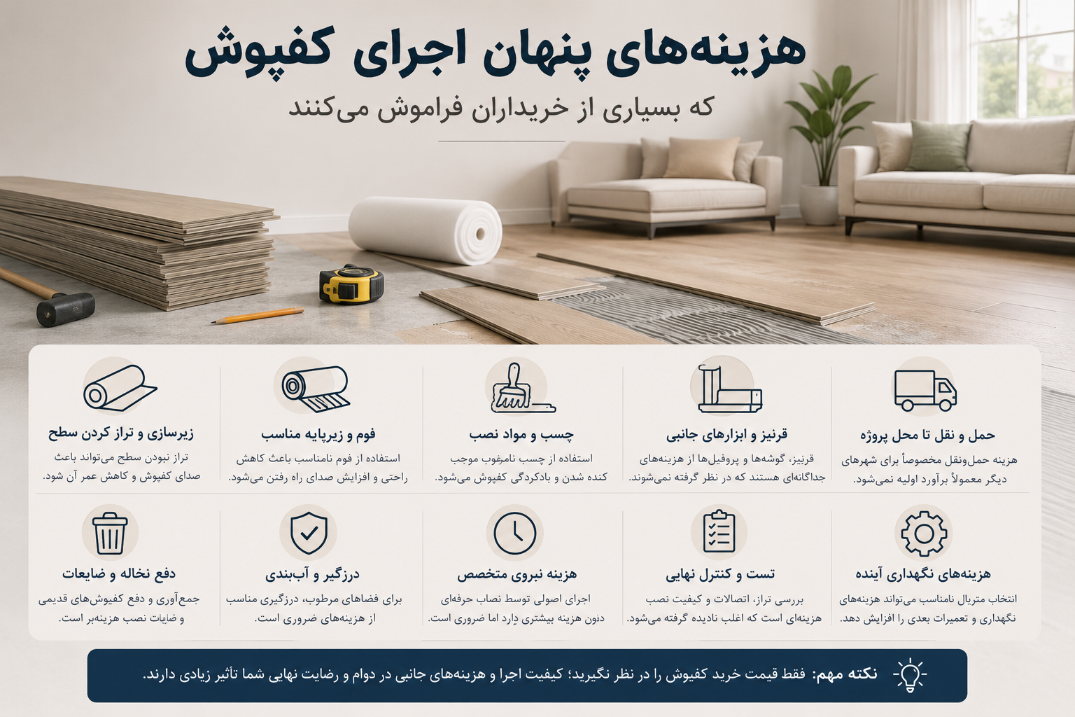 هزینه‌های پنهان اجرای کفپوش شامل زیرسازی، فوم، چسب، ابزار نصب و حمل‌ونقل که بسیاری از خریداران هنگام بازسازی خانه به آن توجه نمی‌کنند.