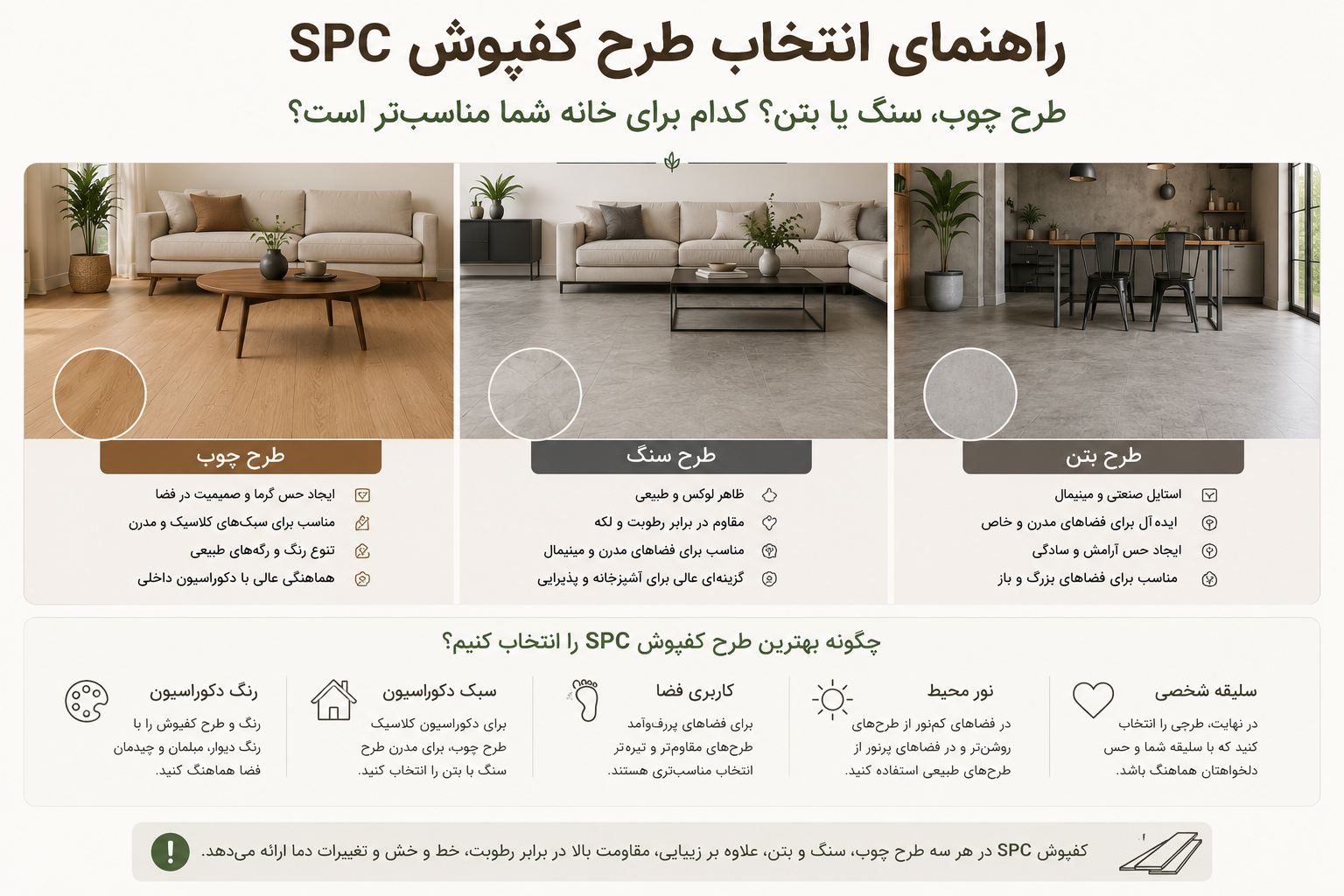 راهنمای انتخاب طرح کفپوش SPC شامل مقایسه طرح چوب، سنگ و بتن برای دکوراسیون خانه