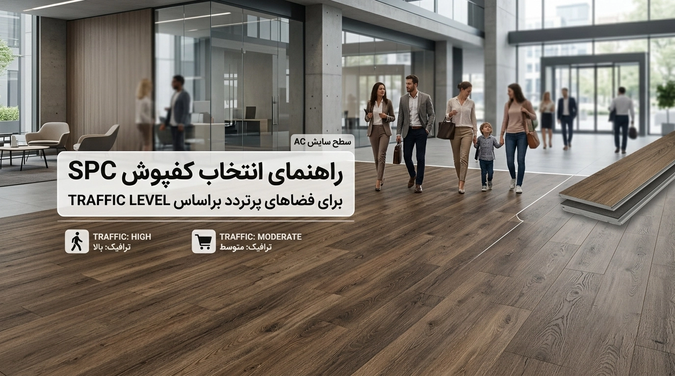 راهنمای جامع انتخاب کفپوش SPC برای فضاهای تجاری بر اساس کلاس سایشی و میزان رفت‌وآمد (Traffic Level)