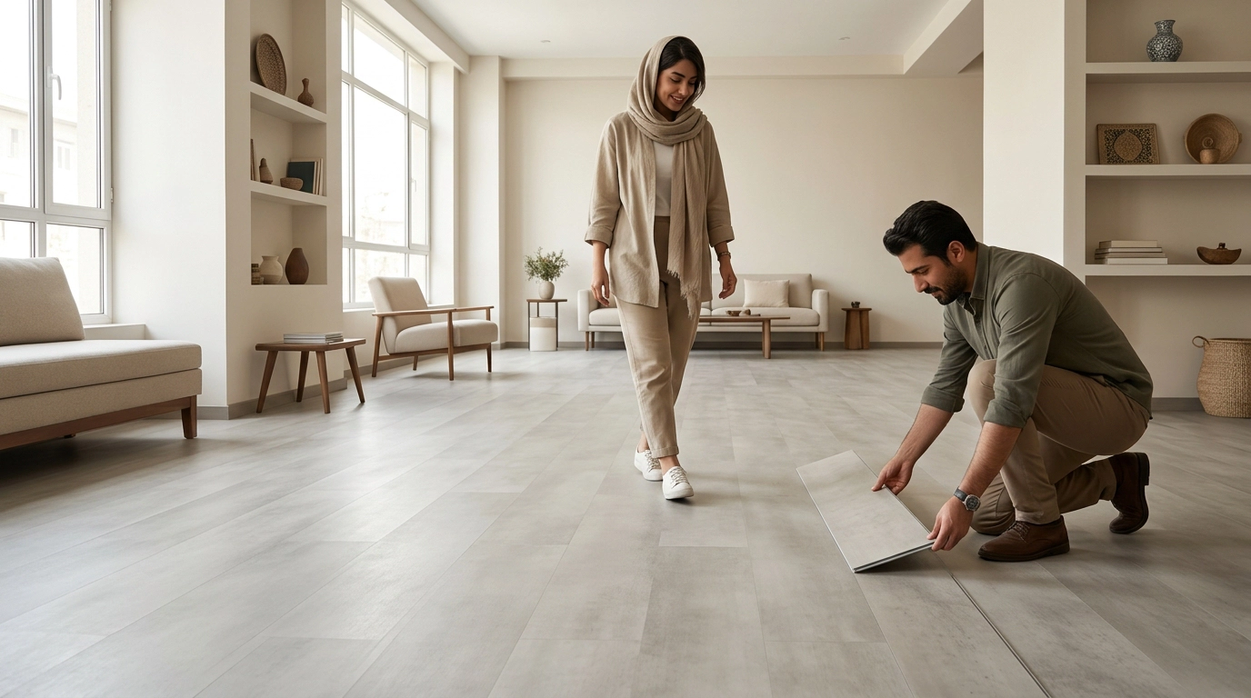 تعامل معماران با کفپوش LVT مدرن طرح بتن در دفتر کار مهندسی با دکوراسیون مینیمال