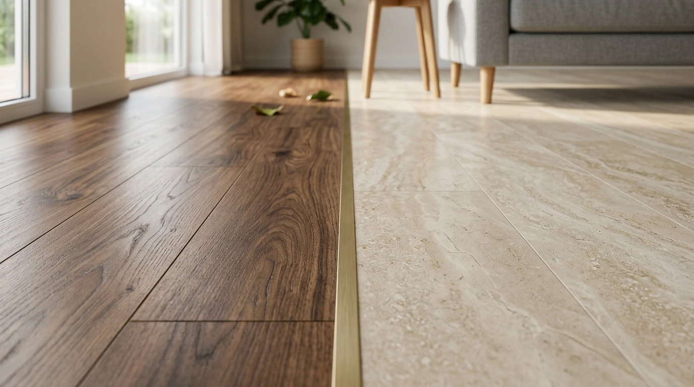 مقایسه بافت طبیعی کفپوش LVT طرح چوب گردویی و طرح سنگ تراورتن در یک خانه مدرن با نور طبیعی؛ جزئیات دقیق و واقعگرایانه از انواع کفپوش پیویسی طرحدار