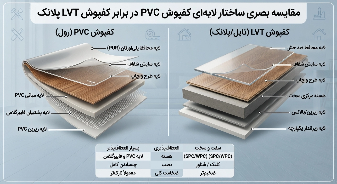 تفاوت ساختار کفپوش PVC و LVT در یک نگاه