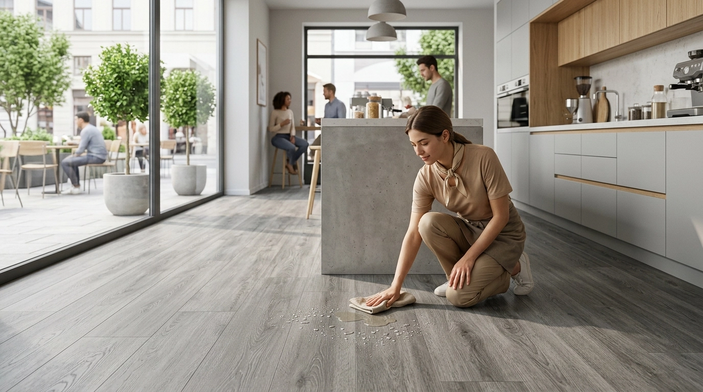 کاربرد کفپوش LVT ضد آب و با نظافت آسان در فضاهای مرطوب تجاری مانند کافیشاپ