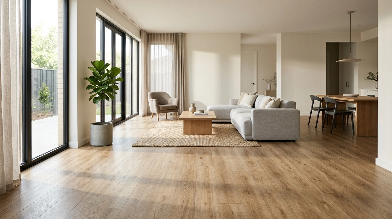 کاربرد کفپوش LVT مدرن با طرح چوب در دکوراسیون داخلی پذیرایی روشن و مینیمال