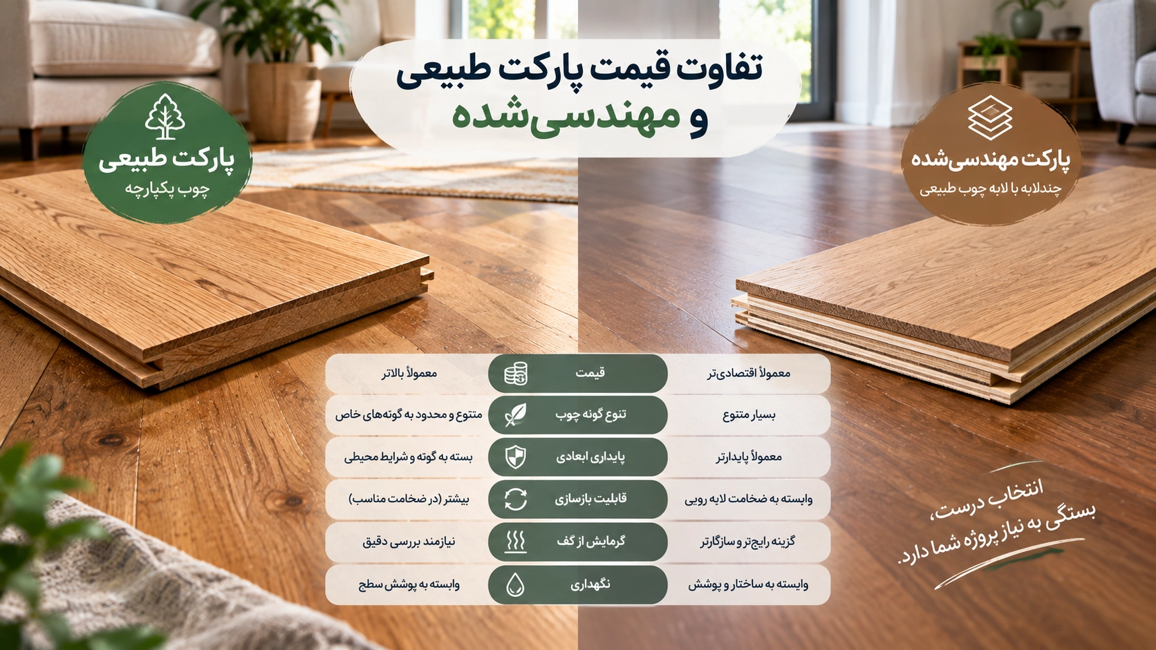 تفاوت قیمت پارکت طبیعی و مهندسی‌شده و مقایسه ویژگی‌های آن‌ها