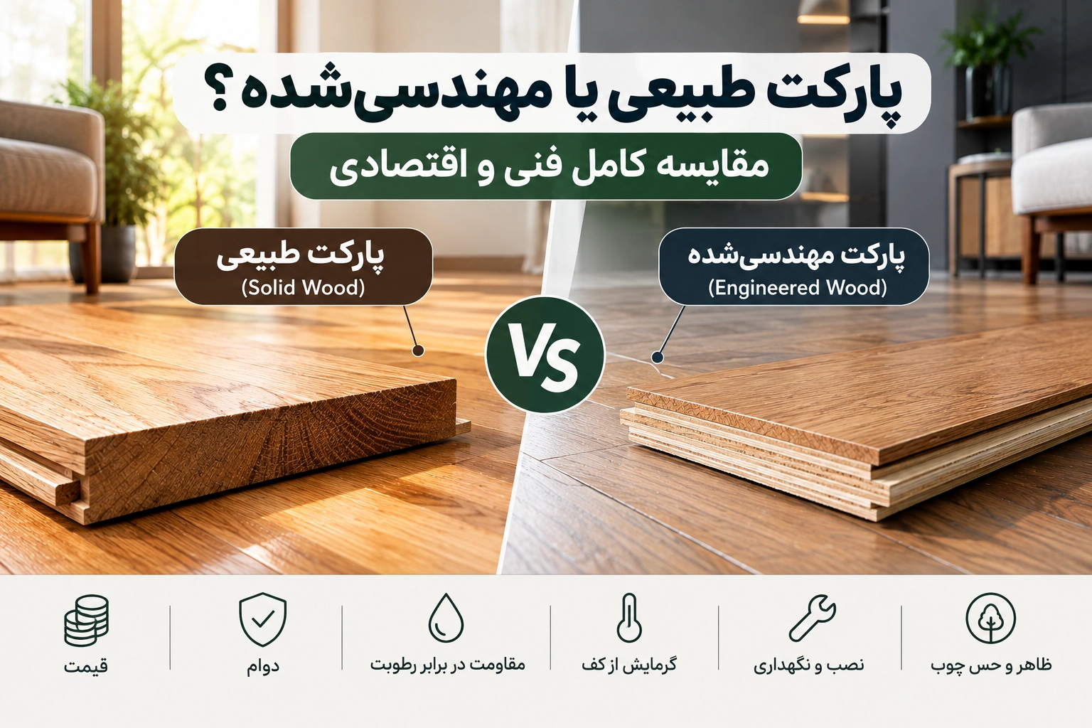 مقایسه پارکت طبیعی و پارکت مهندسی‌شده از نظر ساختار، دوام، قیمت و مقاومت در برابر رطوبت