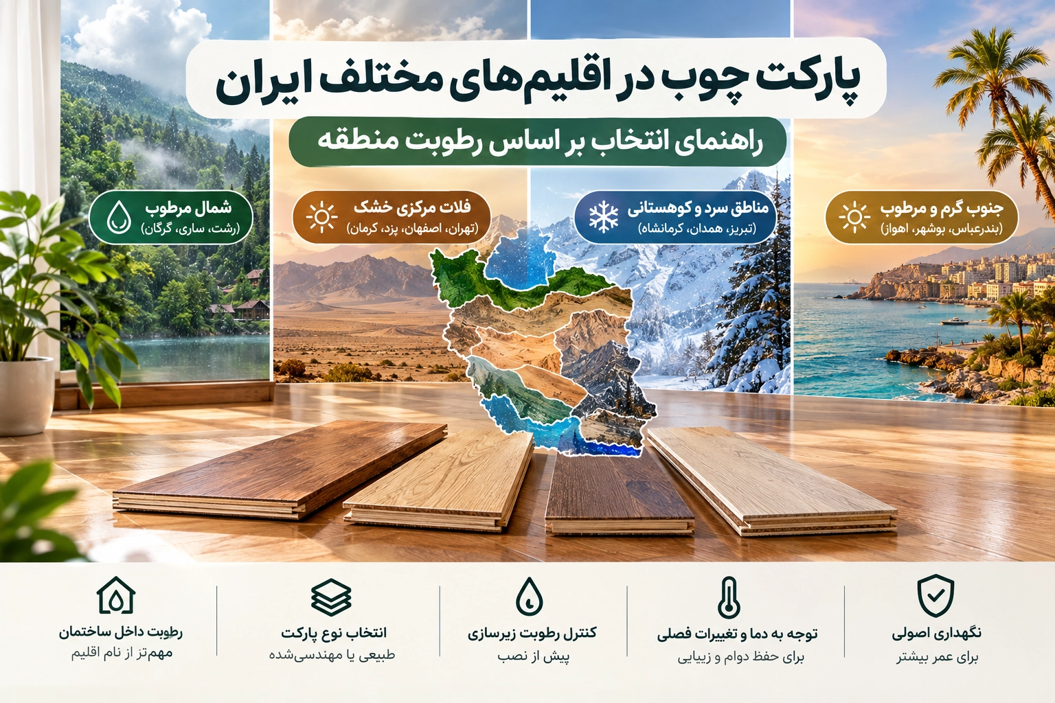 پارکت چوب در اقلیم‌های مختلف ایران؛ مقایسه انتخاب پارکت برای مناطق مرطوب و خشک